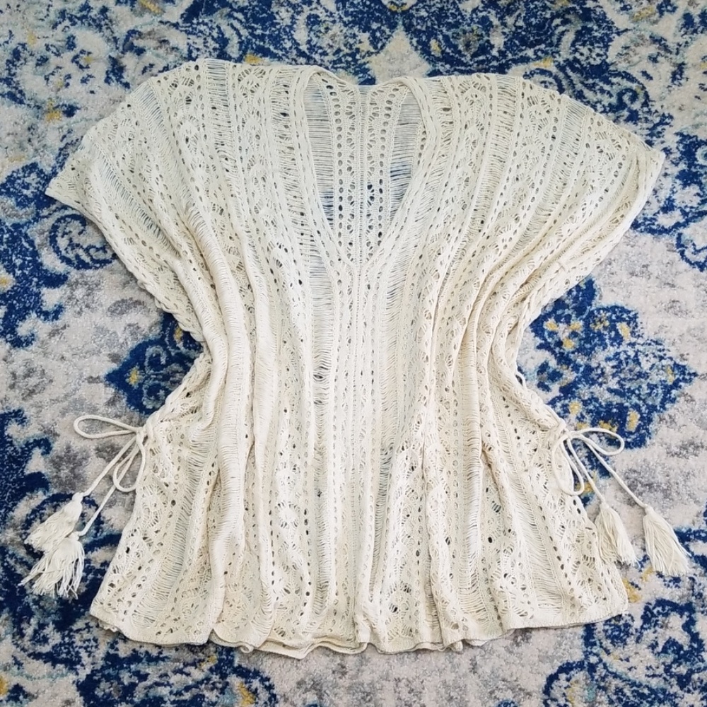 Beige Crochet Knit Beach Swim Coverup Poncho Tunic - Picture 8 of 8